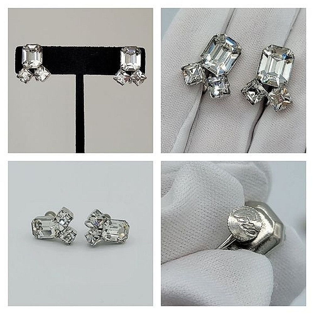 Vintage Coro Earrings Silver Tone Clear Crystal Screwback Earrings #1099